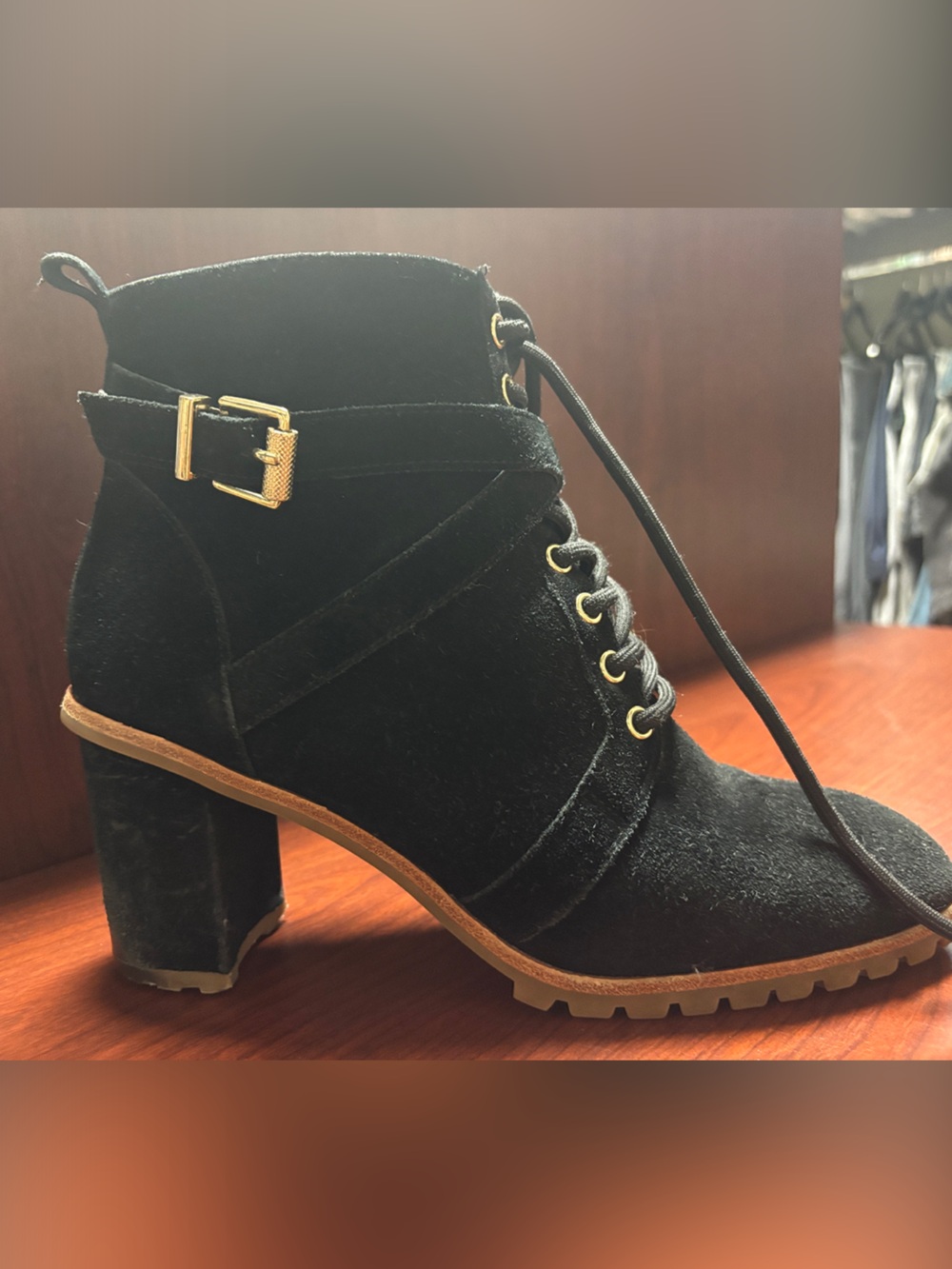 White House Black Market Black Suede Lace-Up Ankle Boots with Gold Accent